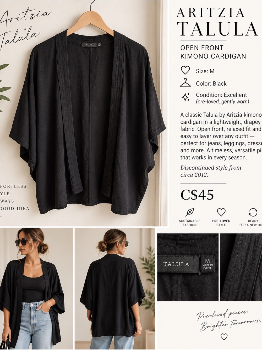Aritzia Talula Black Open-Front Kimono
